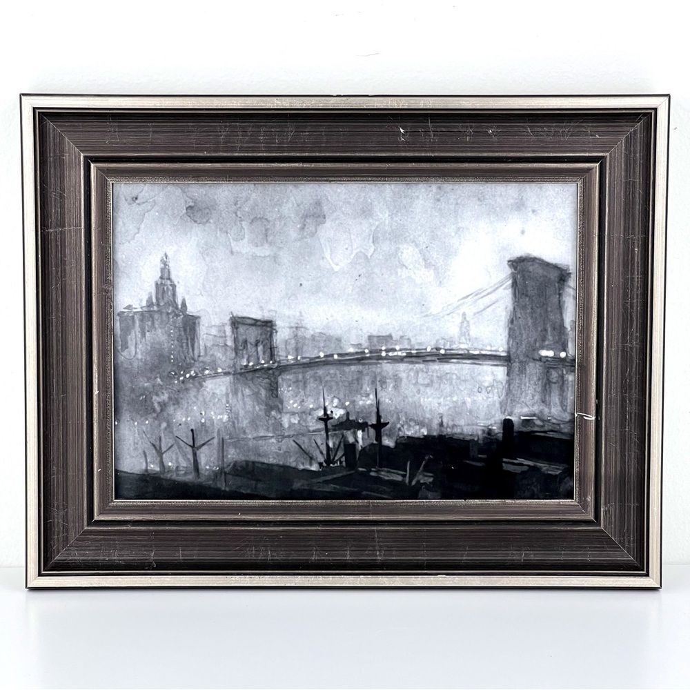 Pottery Barn Framed Wall Art New York in Fog Brooklyn Bridge Pennell Joseph